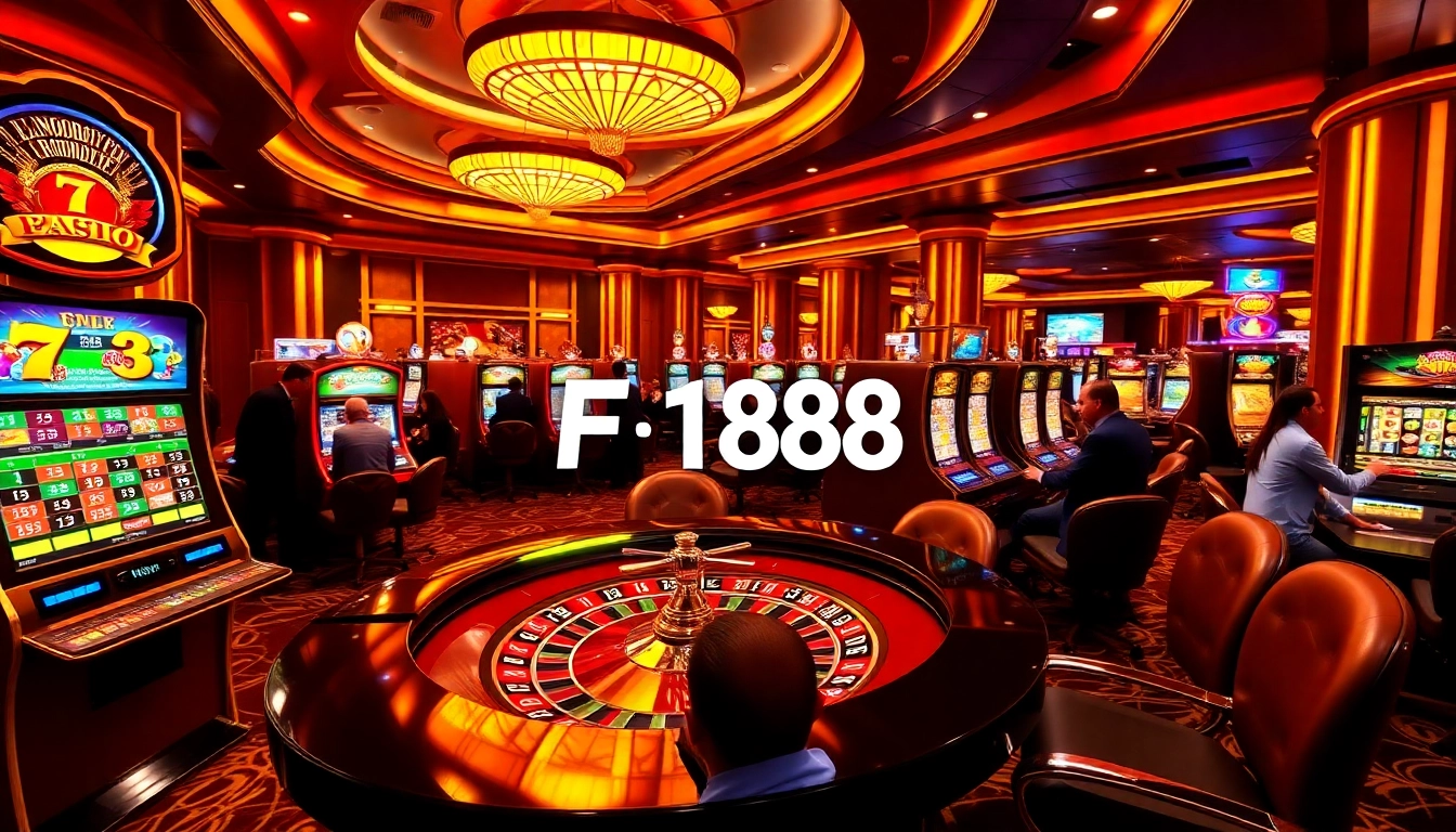 Exciting F168 online casino scene featuring a roulette table, vibrant slot machines, and engaged players.