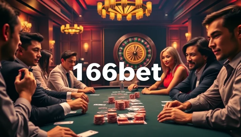 Exciting poker game at 166bet casino, featuring luxurious atmosphere and vibrant colors.