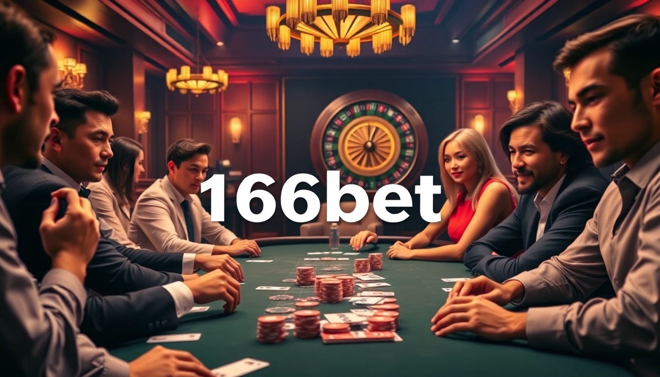 Exciting poker game at 166bet casino, featuring luxurious atmosphere and vibrant colors.