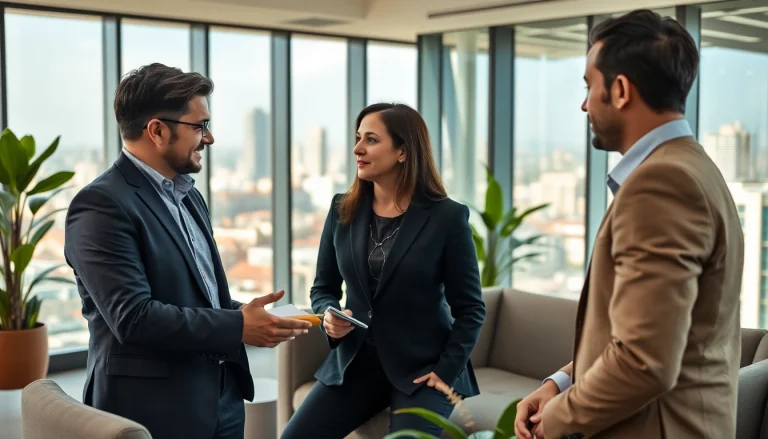 Erfahrene Headhunter Gastronomie diskutieren strategisch mit einem Klienten in modernen Büros.