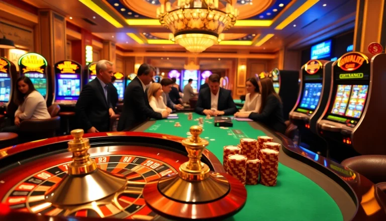 Experience the thrill of gaming at https://f168.today/ with vibrant slot machines and a roulette wheel.