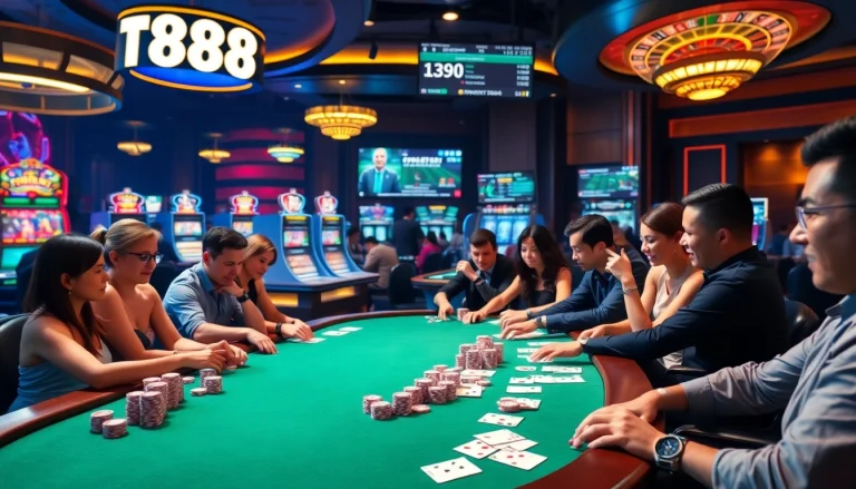 Engaged players at TK88 casino strategizing over a poker table surrounded by dynamic slot machines.