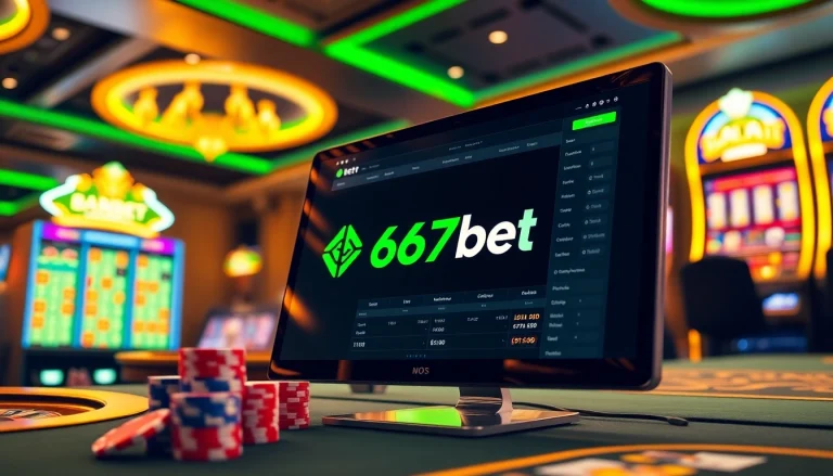 Engage with the excitement of 667bet in a luxurious casino environment featuring poker chips and a roulette wheel.