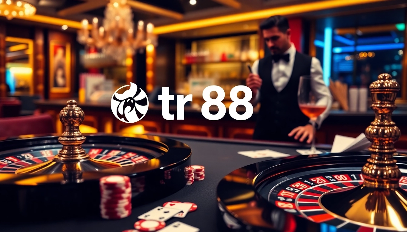 Experience the thrill of gambling with tr88 at a luxurious casino table featuring poker chips and cards.