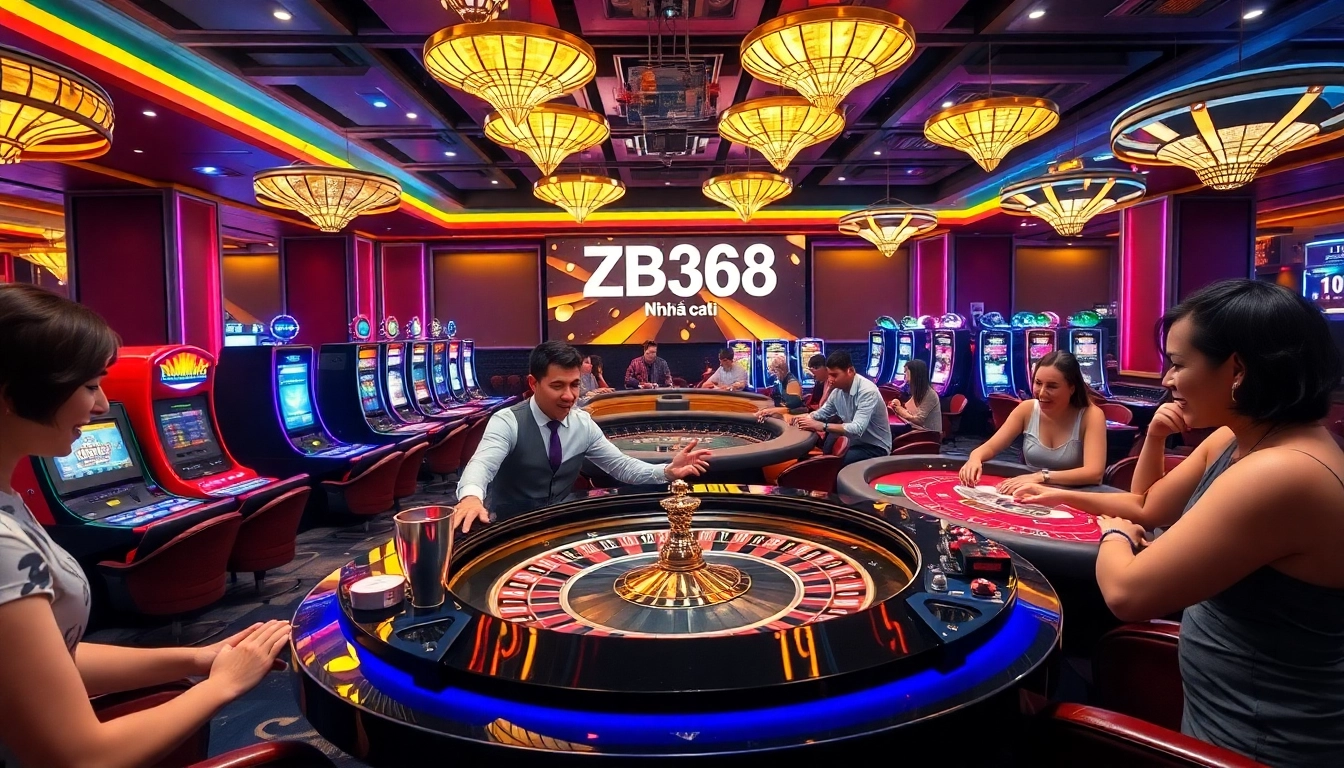 Excited players enjoying a luxury casino experience at Nhà cái ZB368 with dealers at roulette and poker tables.
