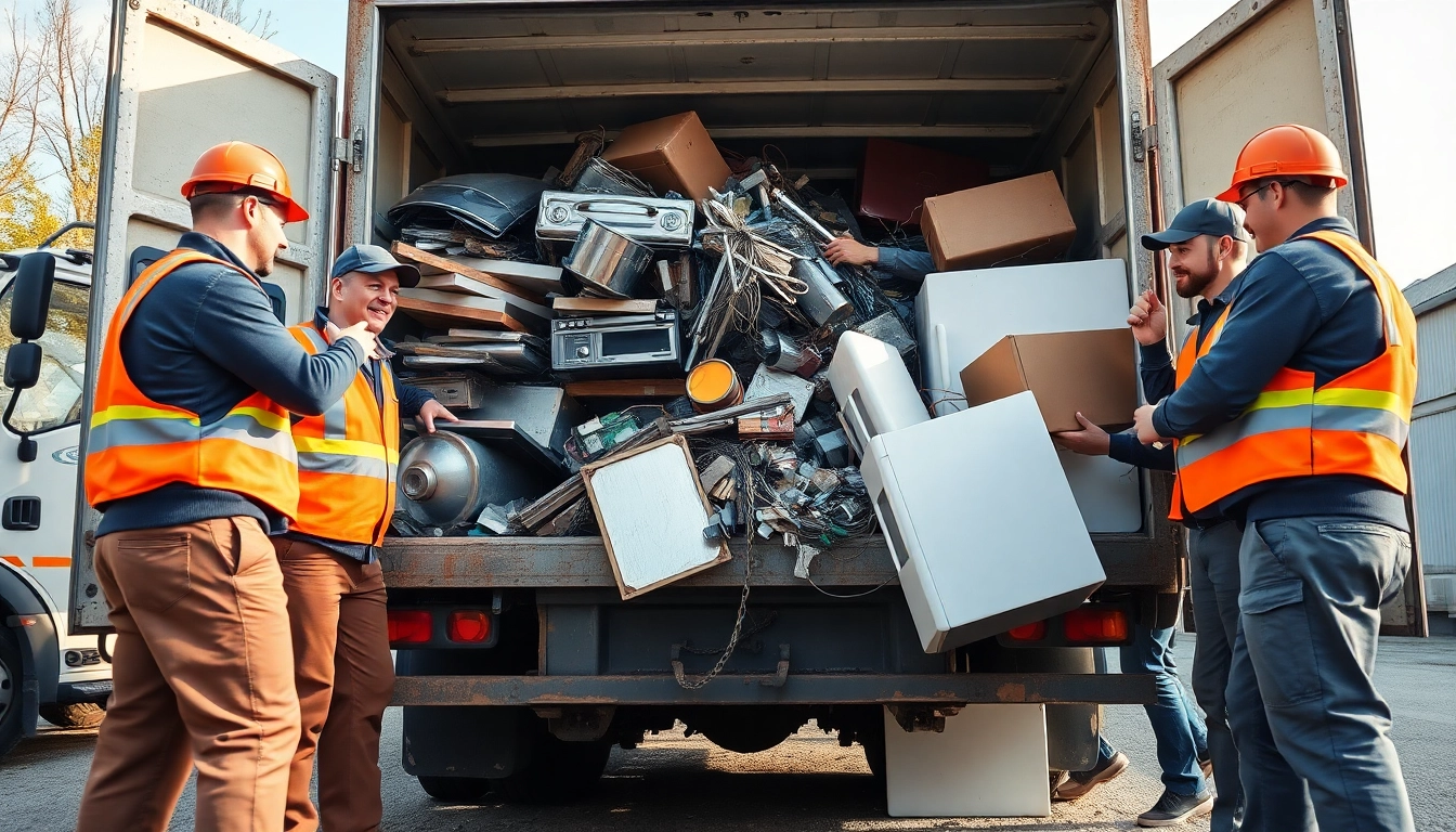 Mitarbeiter der Schrottabholung Düsseldorf beladen effizient Schrott auf einen LKW.