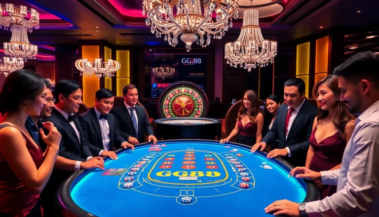 Players enjoying an exciting game at the GG88 baccarat table in a luxurious casino setting.