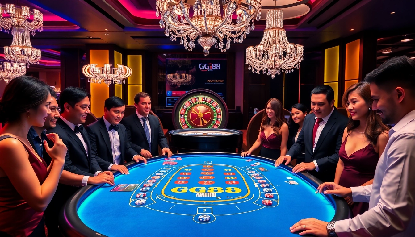 Players enjoying an exciting game at the GG88 baccarat table in a luxurious casino setting.