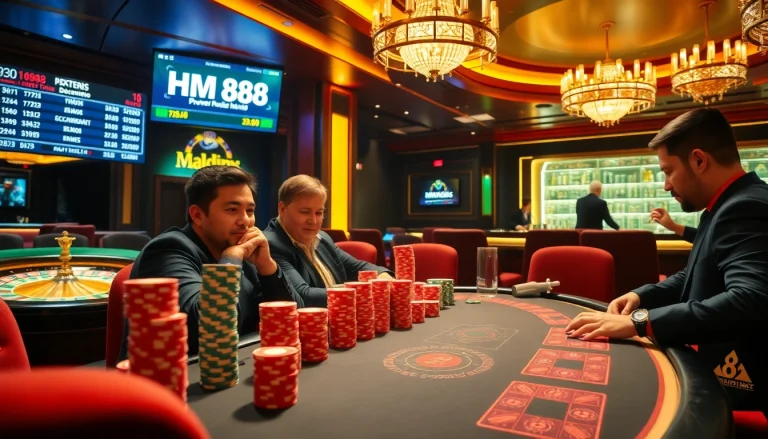 Engage with HM88's glamorous poker scene featuring vibrant chips at a high-stakes table.