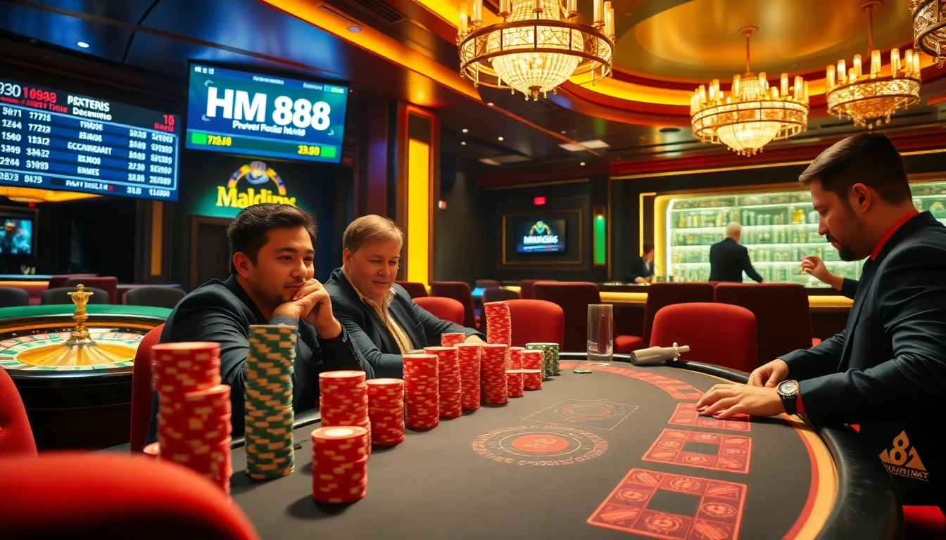 Engage with HM88's glamorous poker scene featuring vibrant chips at a high-stakes table.