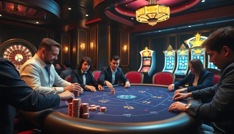 Engaging casino players competing at TPJ poker table with vibrant chips and roulette wheel.