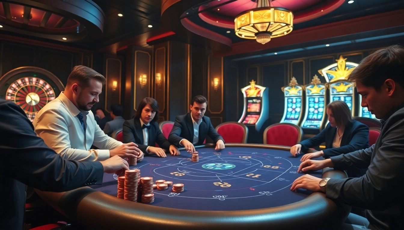 Engaging casino players competing at TPJ poker table with vibrant chips and roulette wheel.