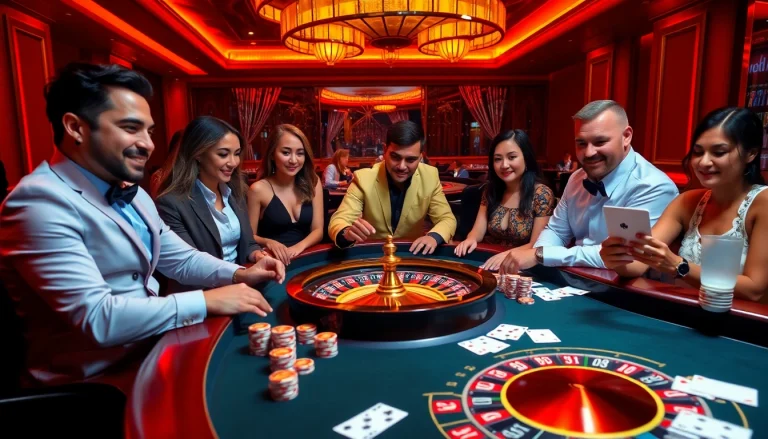 Players enjoying high-stakes gameplay at an F8Bet casino table with vibrant ambiance.