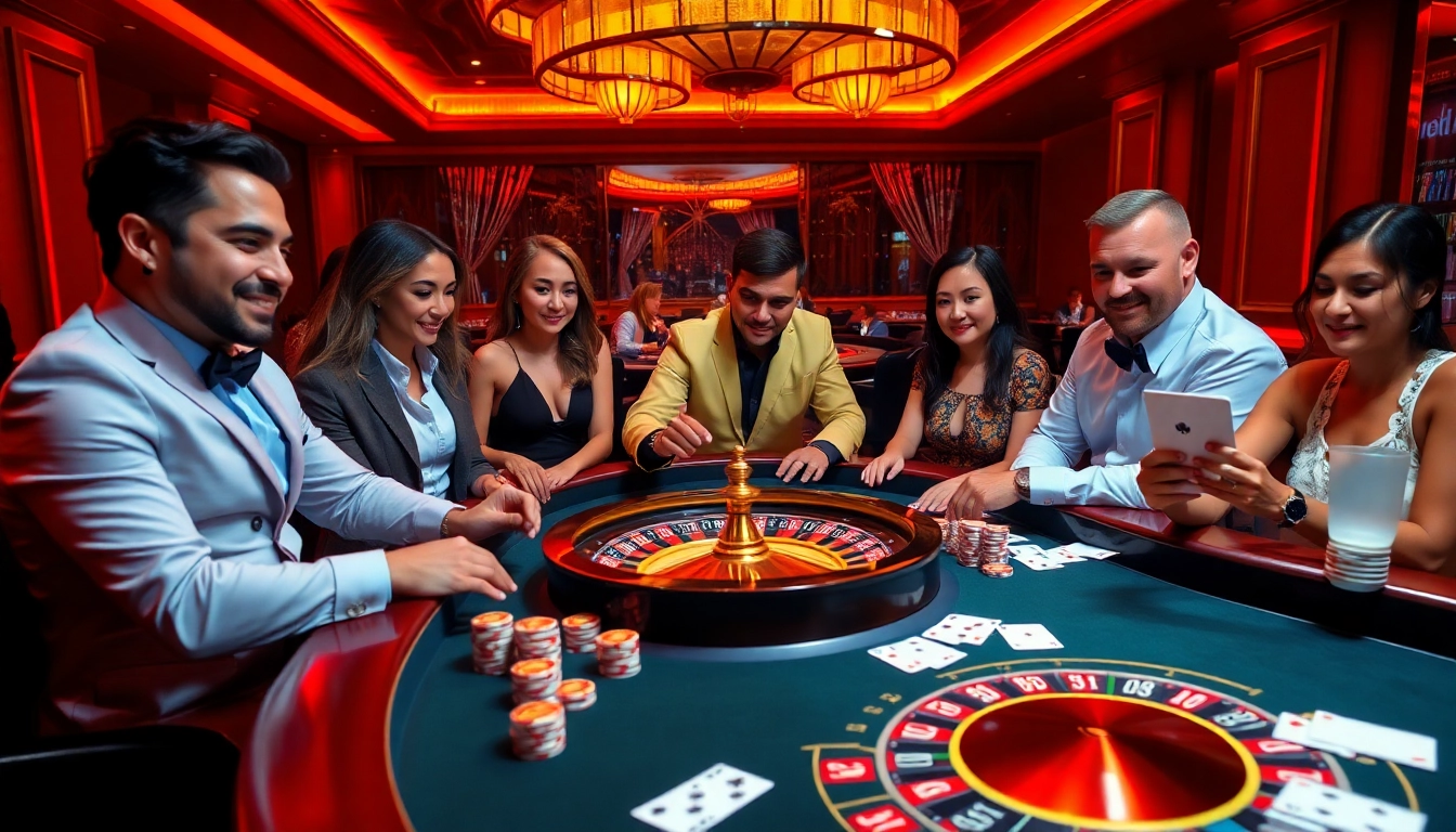 Players enjoying high-stakes gameplay at an F8Bet casino table with vibrant ambiance.