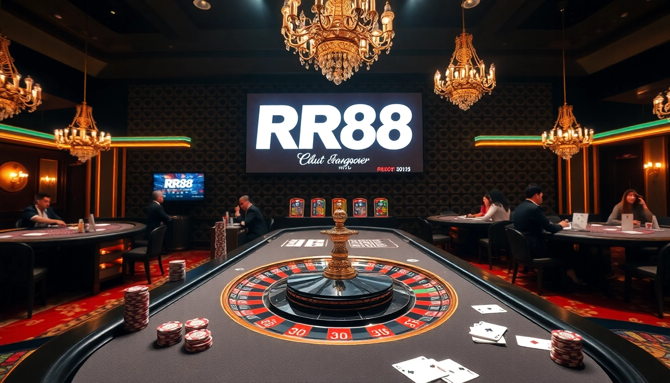 Players engage at a luxurious roulette table featuring RR88, showcasing excitement in high-stakes gambling.
