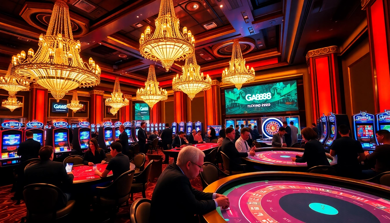 Ga888 casino scene with exciting games, vibrant ambiance, and luxury feel.