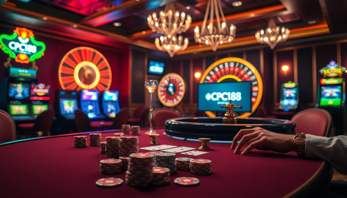 Intense poker game at CPC188 casino with vibrant lights, chips, and roulette wheel.
