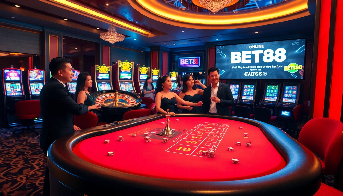 Enthusiastic players enjoy a thrilling BET88 casino atmosphere with vibrant betting tables and spinning roulette wheels.