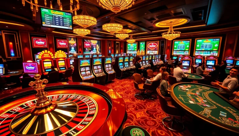 Exciting gambling action at https://cpc188.org with vibrant slot machines and a roulette wheel.