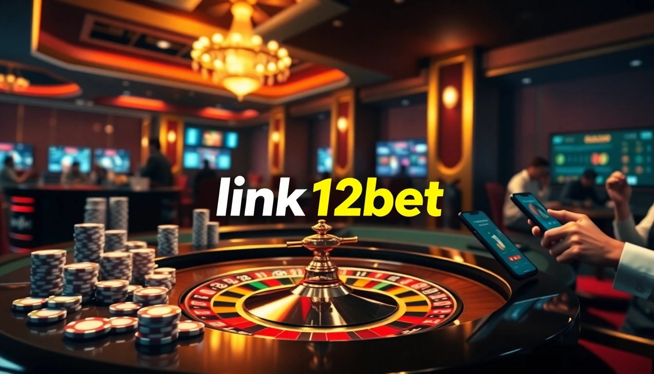Experience the thrill of online gambling with the link 12bet highlighted in a luxurious casino scene.