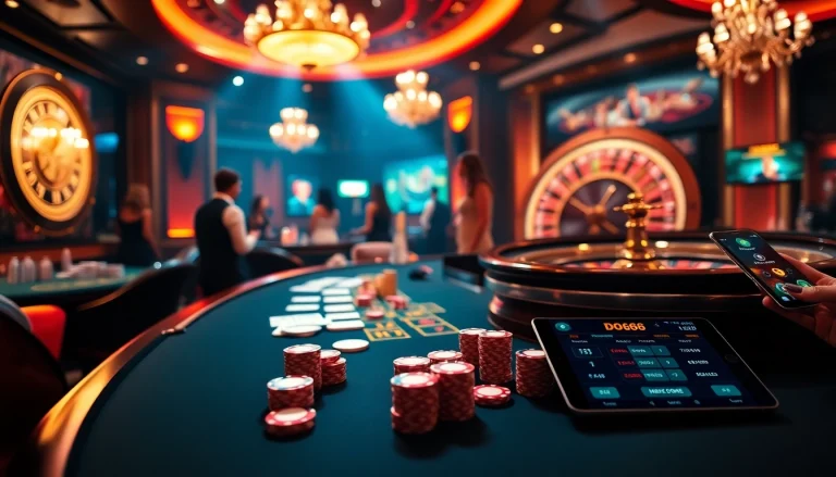 High-stakes gambling at DO666 with cards, chips, and a roulette wheel in a luxurious atmosphere.
