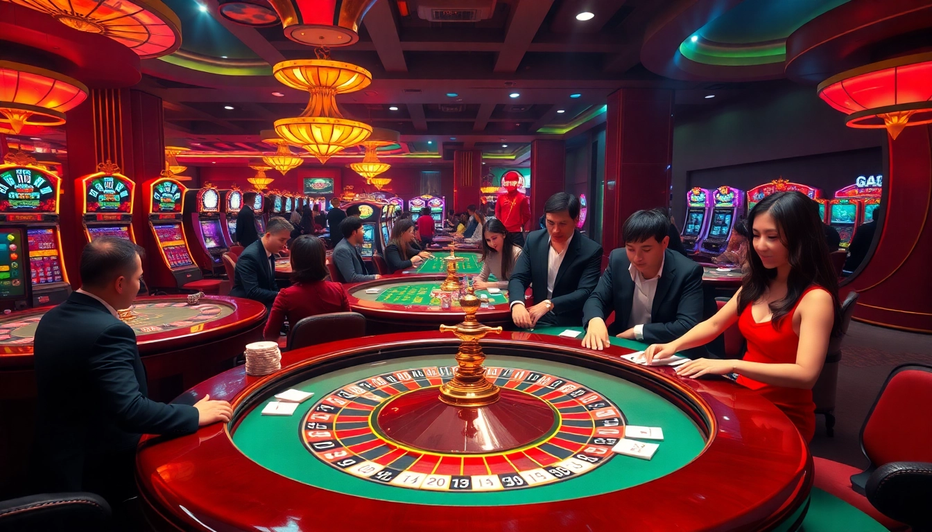 Gamblers excitedly engaging at Nhà cái GACAM888's vibrant casino tables, with colorful chips and neon slot machines.