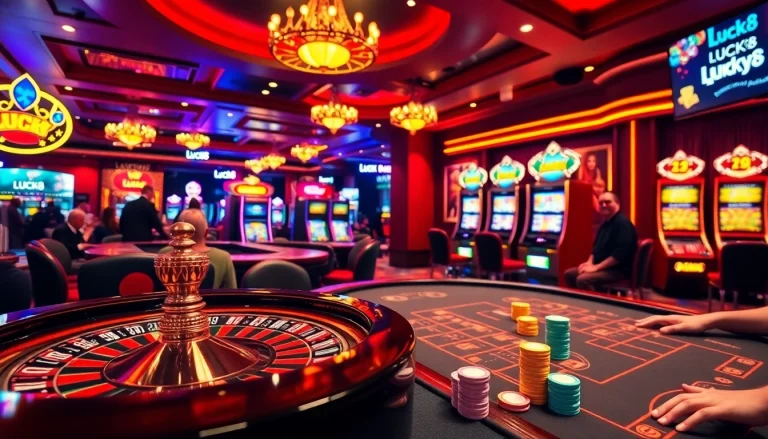 Trải nghiệm sự hứng khởi của LUCK8 và LUCKY8 tại một bàn casino sống động đầy chip poker và các lá bài.