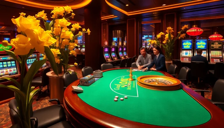 Nohu-themed luxury casino scene featuring elegant gambling tables and vibrant slot machines.
