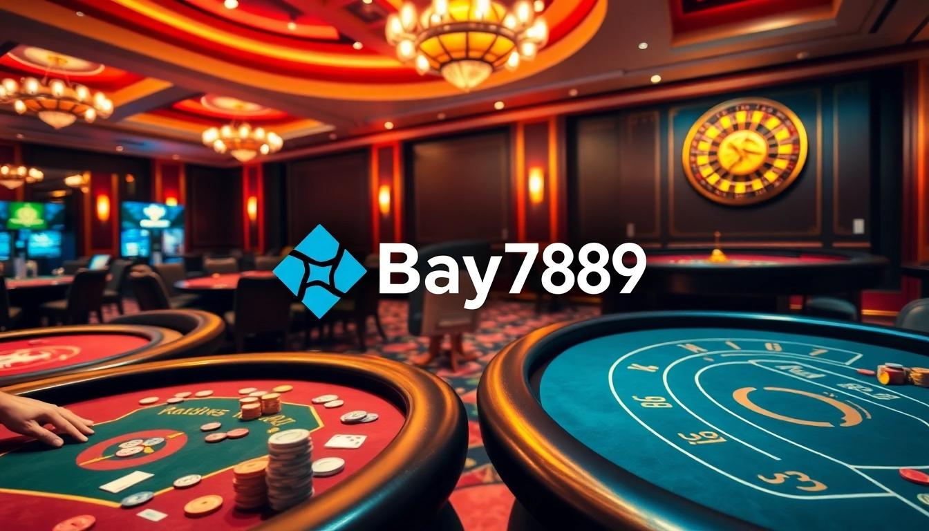Players enjoying a thrilling game at Bay789 casino, showcasing vibrant tables, poker chips, and excitement.