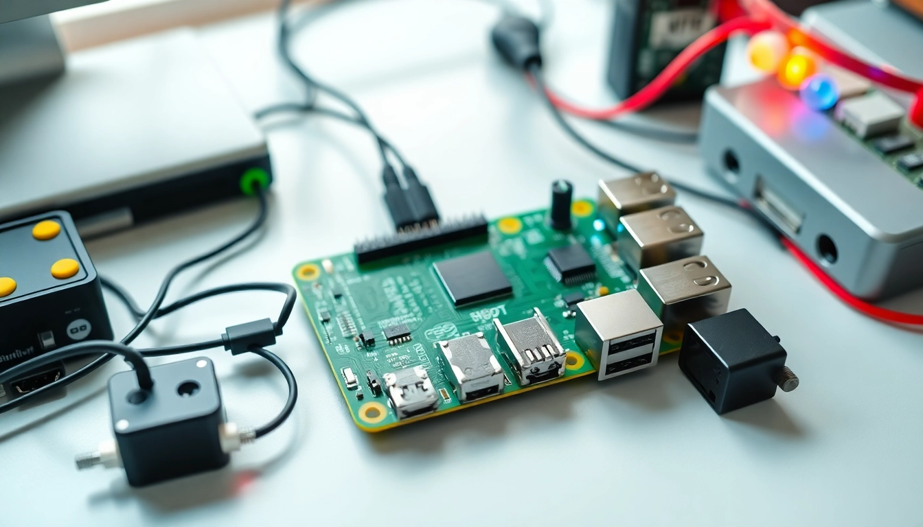 Die Raspberry Pi 5 Platine in einem kreativen Arbeitsbereich mit bunten Komponenten.