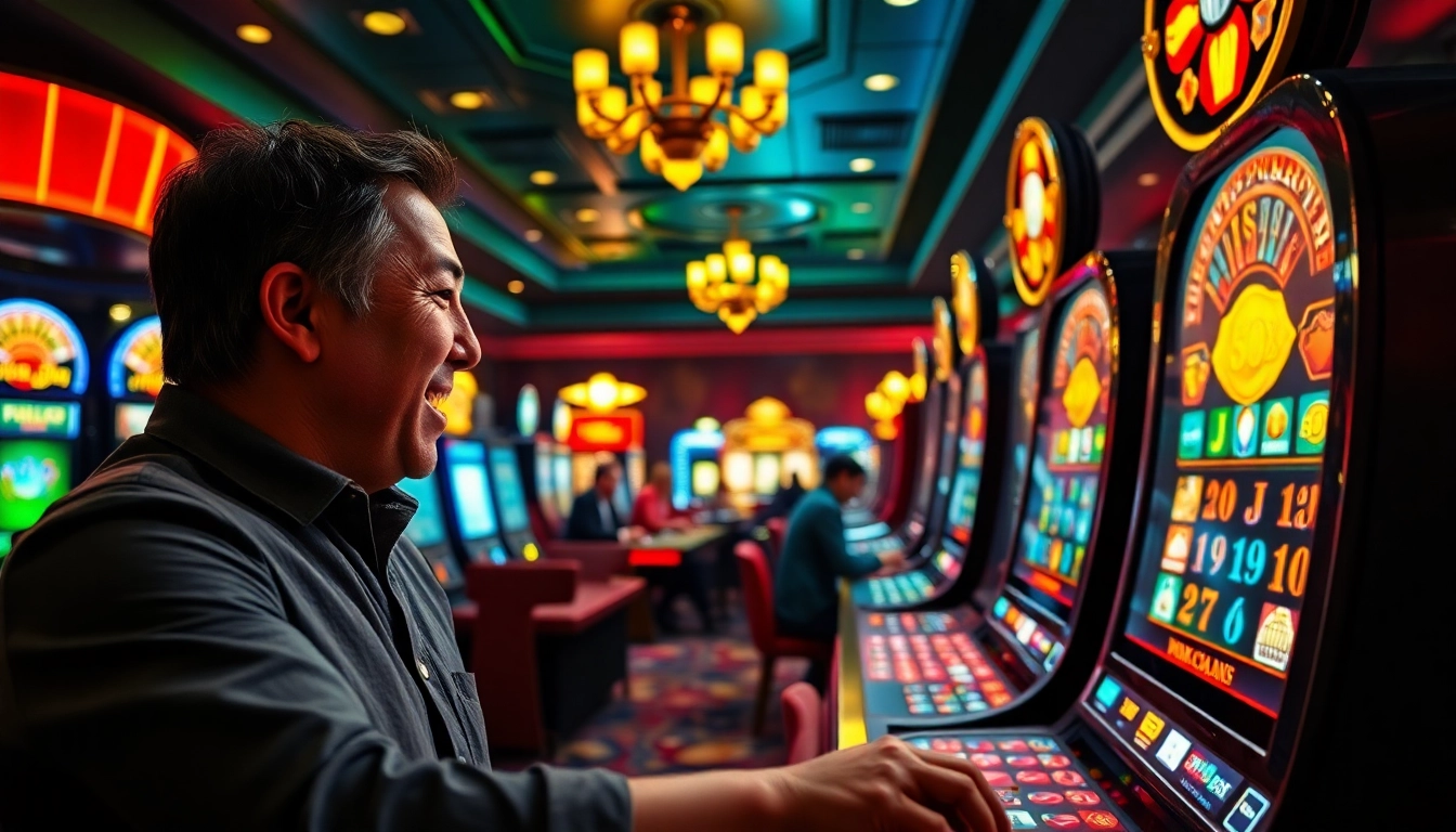 A nyeremények izgatott felfedezése online casino környezetben színes gépekkel és asztalokkal.