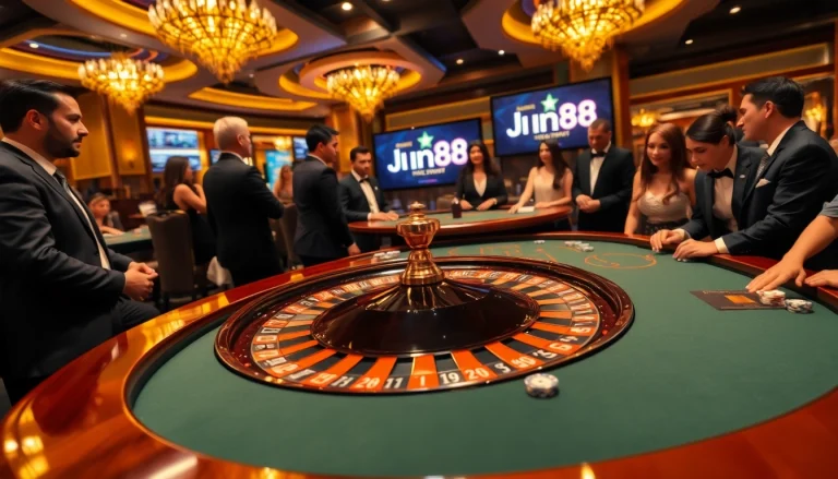Engaged players at a luxurious gaming table featuring nhà cái Jun88's branding, capturing the excitement of online gambling.