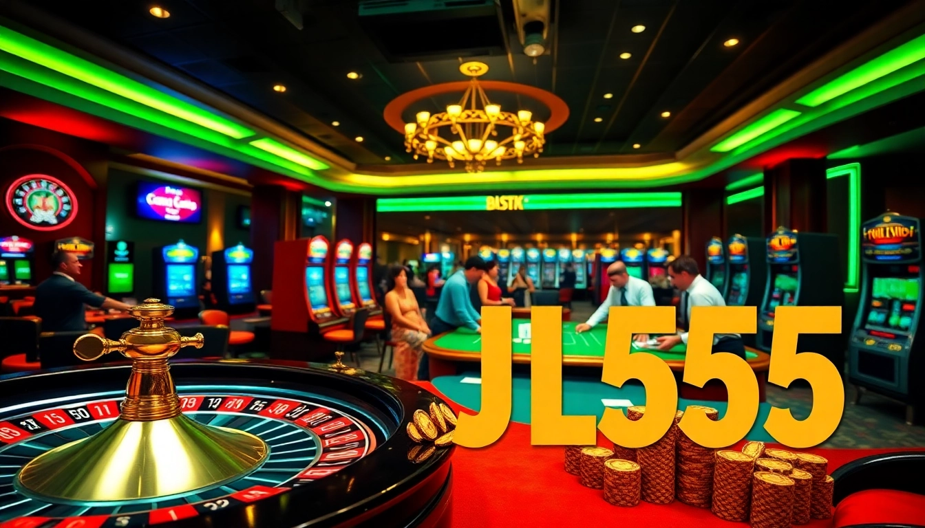 Exciting gambling scene featuring JL55 theme with poker tables and roulette wheels.