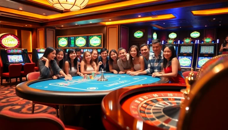 Excited players engaging at a vibrant table in a luxury casino environment featuring link 88i.
