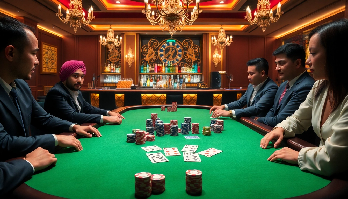 Players enjoying a high-stakes game at an MM88 poker table, surrounded by vibrant casino ambiance.