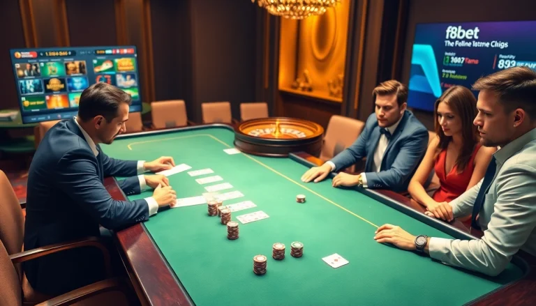 Engaging scene of gamblers at a high-stakes poker table with features from https://f8bet.dental/.