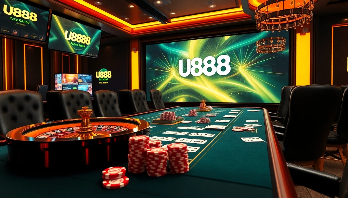 Experience the excitement of U888 with vibrant casino tables and luxurious gaming elements.