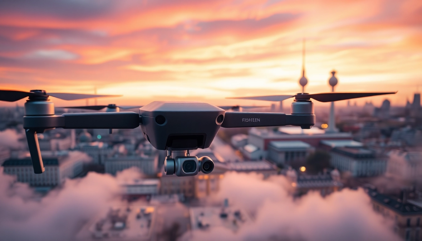 Drohnenaufnahmen Berlin über der Skyline mit dramatischem Sonnenuntergang.