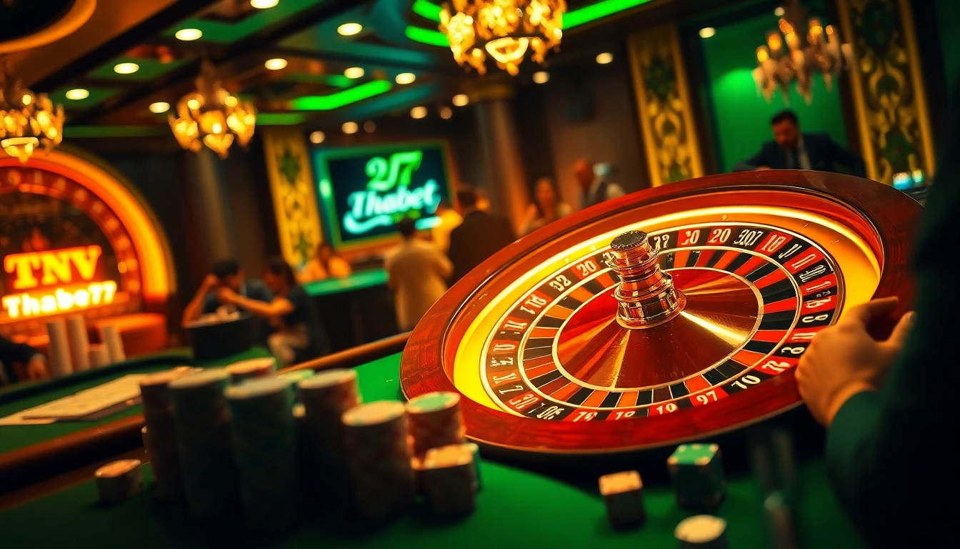 Excited gamblers at Thabet77 casino with roulette wheel, poker chips, and gaming tables.