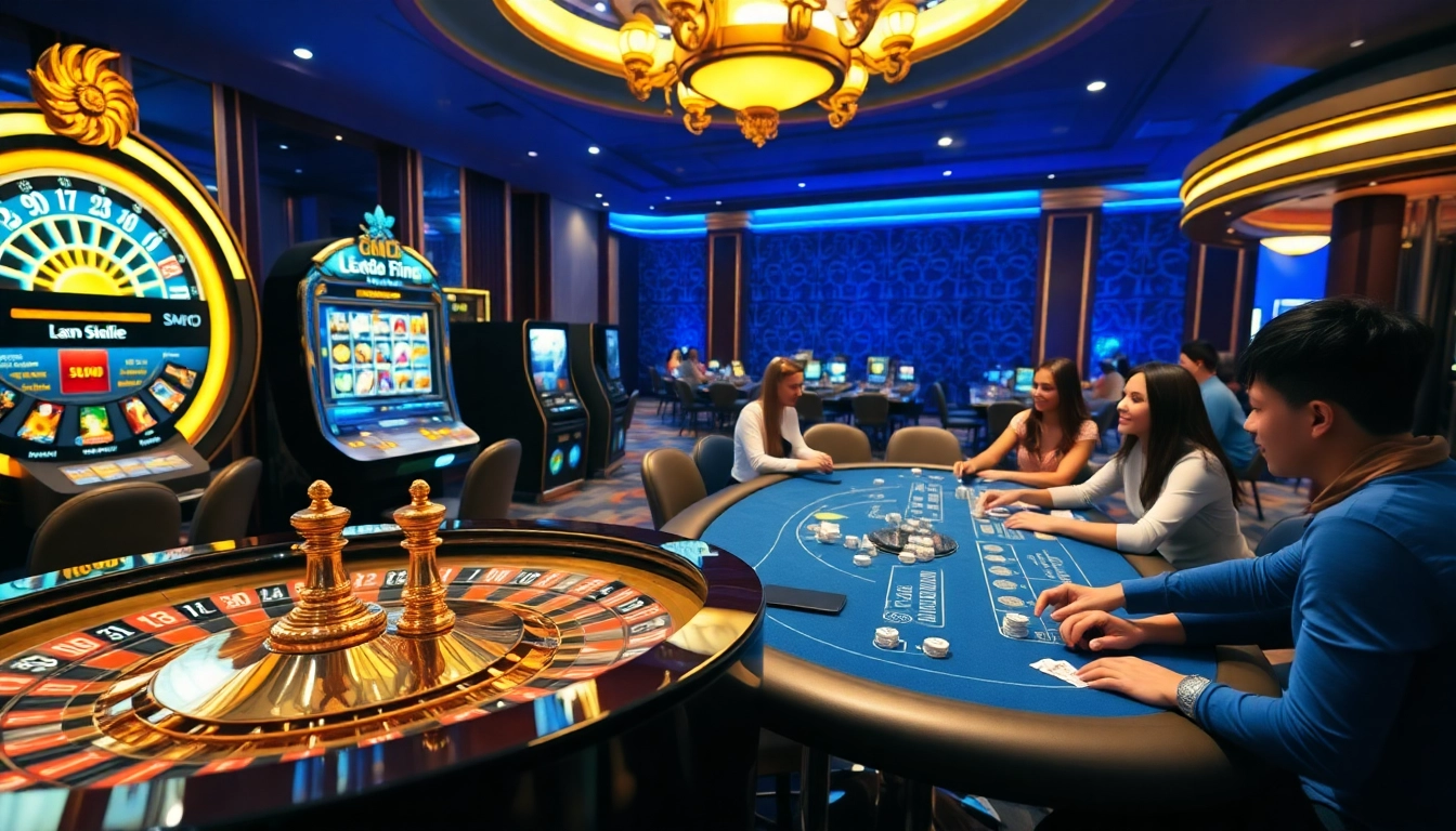 The thrill of winning at Nhà cái Kuwin's glamorous casino setting, featuring poker and slots.