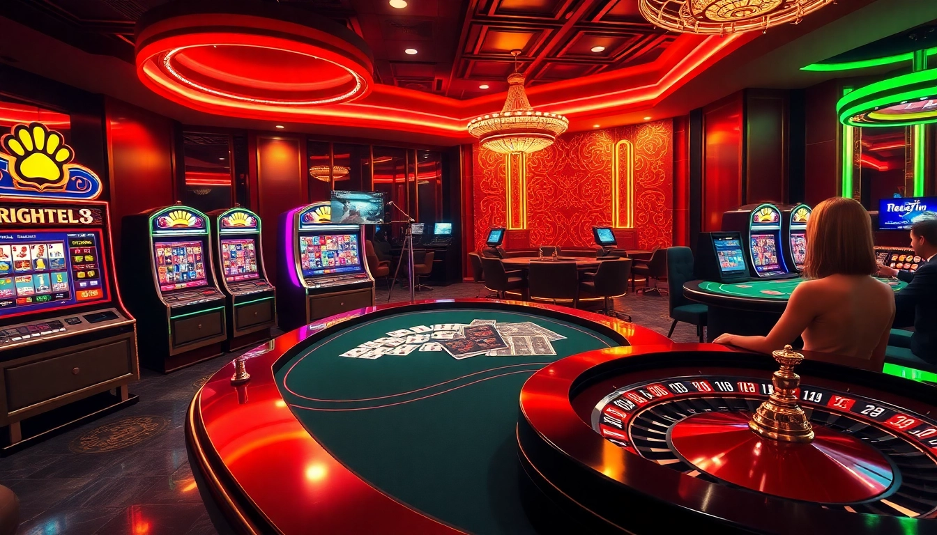 Link Luckywin uy tín showcases an elite virtual casino with vibrant slot machines and excited players.