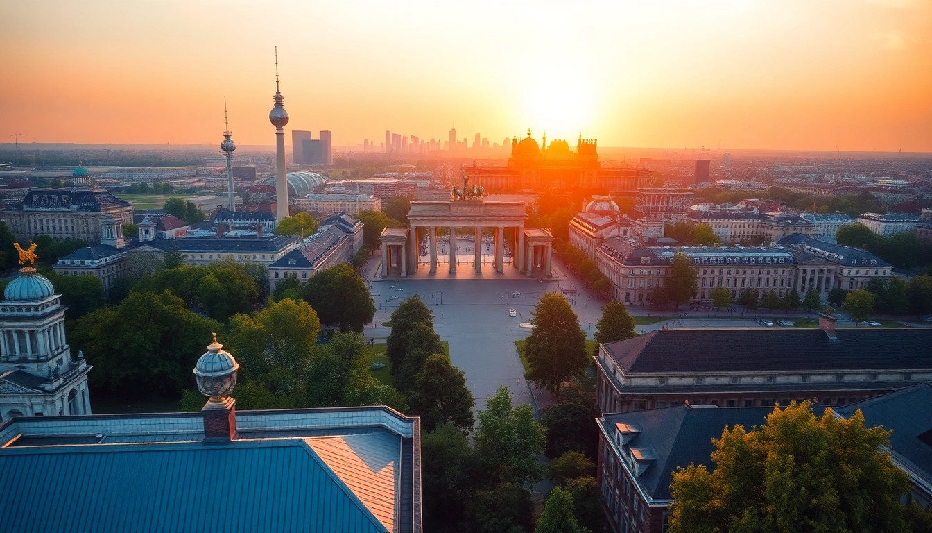 Drohnenaufnahmen Berlin im Sonnenuntergang mit Blick auf das Brandenburger Tor und den Fernsehturm