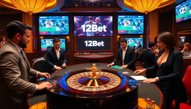 Excited gamblers placing bets at a professional casino table featuring 12Bet branding.