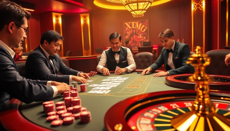 Cổng game 789club showcases an exciting high-stakes poker table illuminated with golden lights and colorful chips.