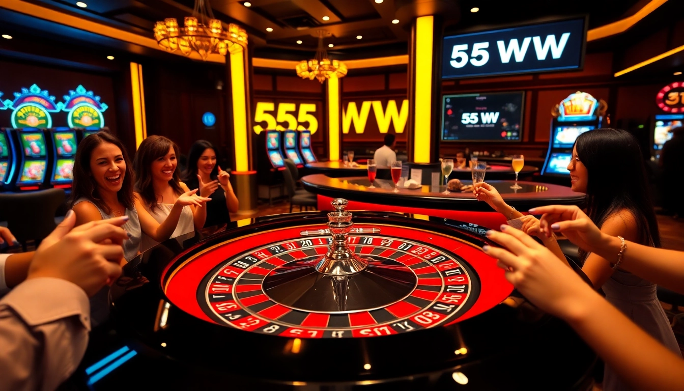 Exciting casino scene showcasing players at a roulette table, reflecting 55WW thrills.
