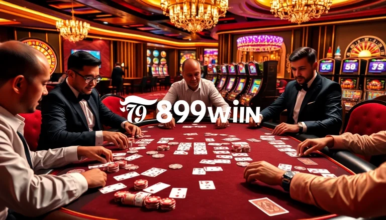 Professional players enjoying a thrilling poker game at 789win's luxurious casino table.