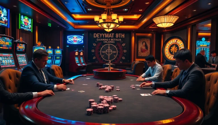 A thrilling casino atmosphere with 88i poker players at an elegant table, highlighting luxury and excitement.