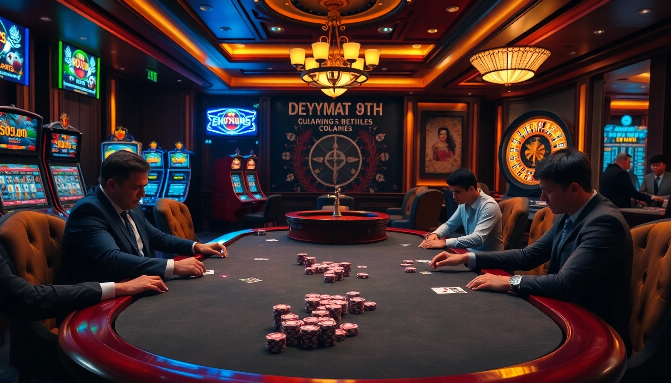 A thrilling casino atmosphere with 88i poker players at an elegant table, highlighting luxury and excitement.