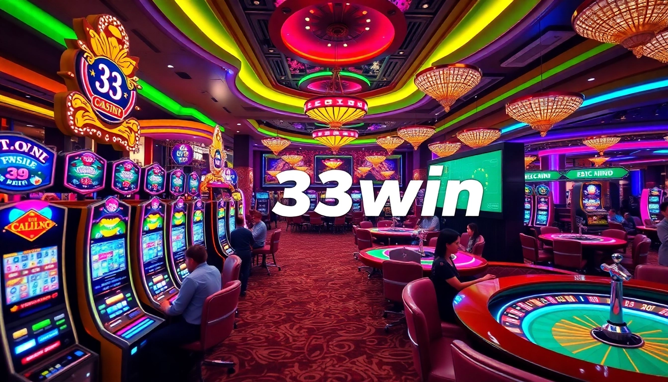 Thrilling casino atmosphere showcasing 33win slot machines and poker tables in vibrant colors.