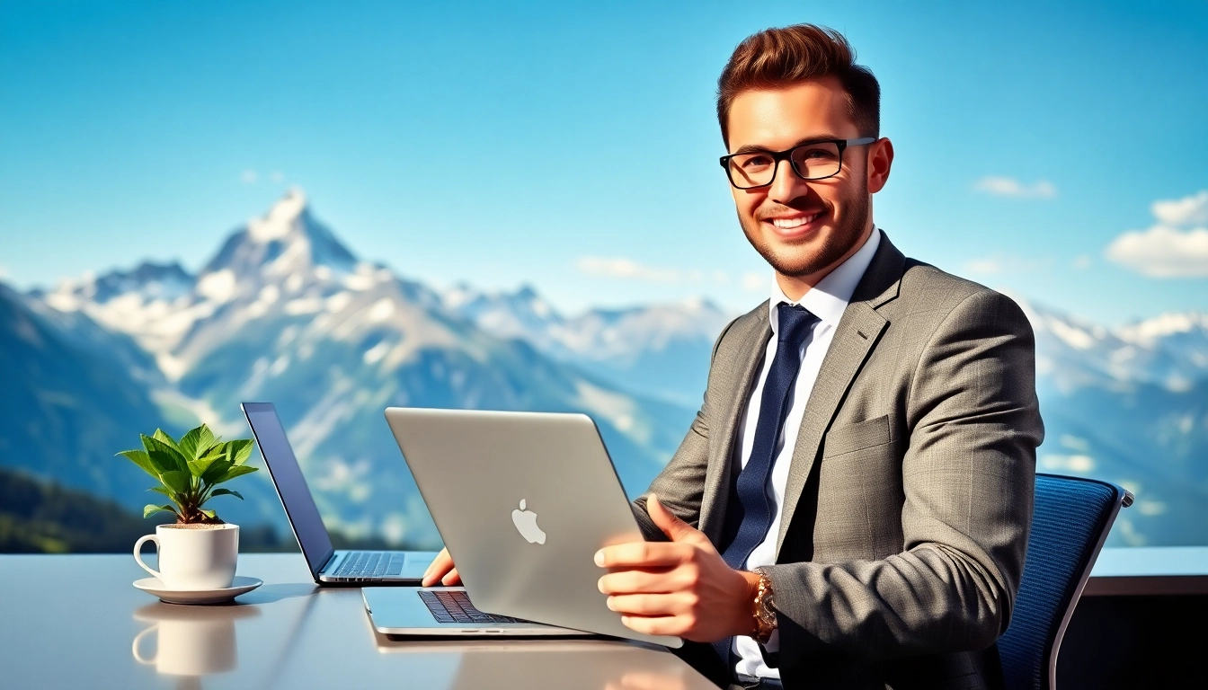 Headhunter Schweiz bei der Arbeit in einem modernen Büro mit Alpenblick.